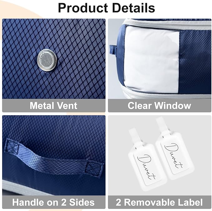 Comforter Storage Bag - Large Capacity Blanket Storage Bags 3-Layer Ultra Space Saving Self Compression Organizer, Washable Compression Bags for Storage Comforter Blanket, 2-Pack, Navy Blue