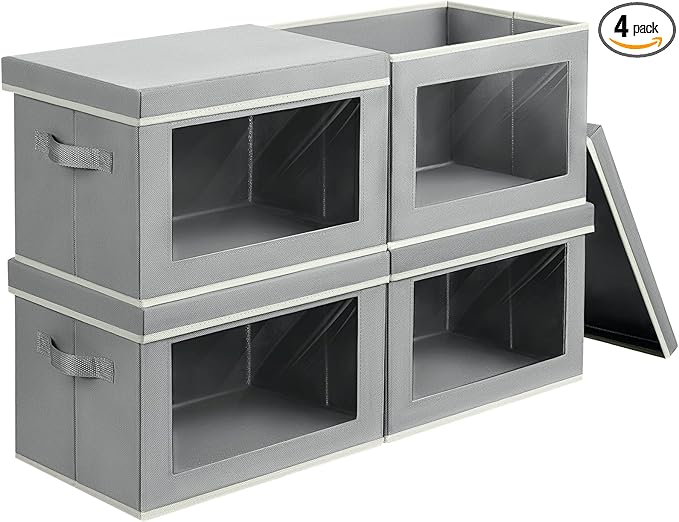 Homsorout Storage Bins with Lids, 4 Pack Large Storage Cubes with Window, Closet Bins with Lids & Handles, Fabric Box for Organizing Clothes, Towels, Books, Grey