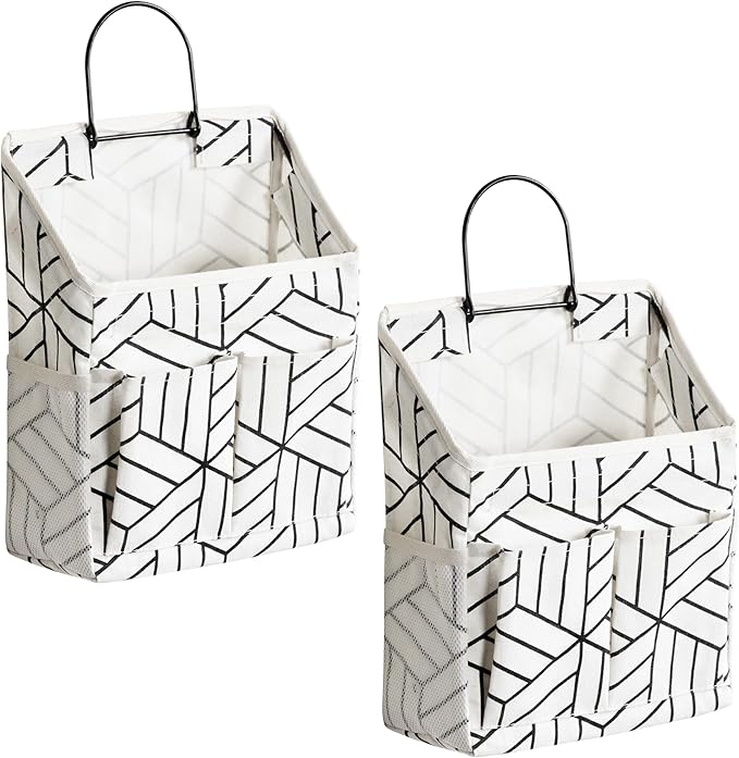 2pcs Wall Hanging Storage Bag, Small Door Closet Linen Fabric Pockets Organizer, Waterproof Multi Functional for Living Room Bedroom Bathroom Kitchen RV Camper with Hooks Pattern Whtie