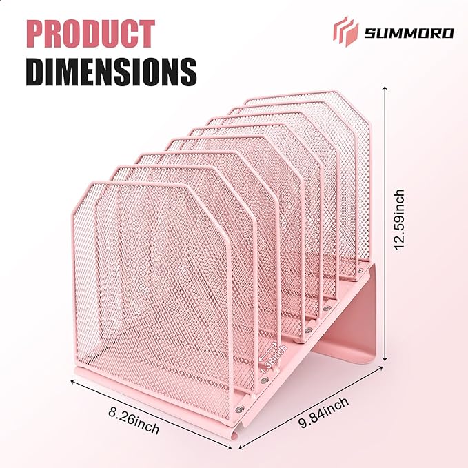 SUMMORO Inclined File Organizer for Desk, 7-Tier Vertical File Folder Holder Office Desk Organizer Metal Rack File Wire Mesh Desktop Document Sorter for Office School Classroom Home (Pink)