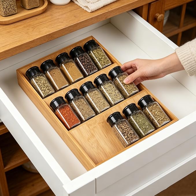 Spice Drawer Organizer for Cabinet, 3 Tier Bamboo Spice Rack Tray for Drawer, Kitchen Seasoning Organizer for Countertop Cupboard Pantry