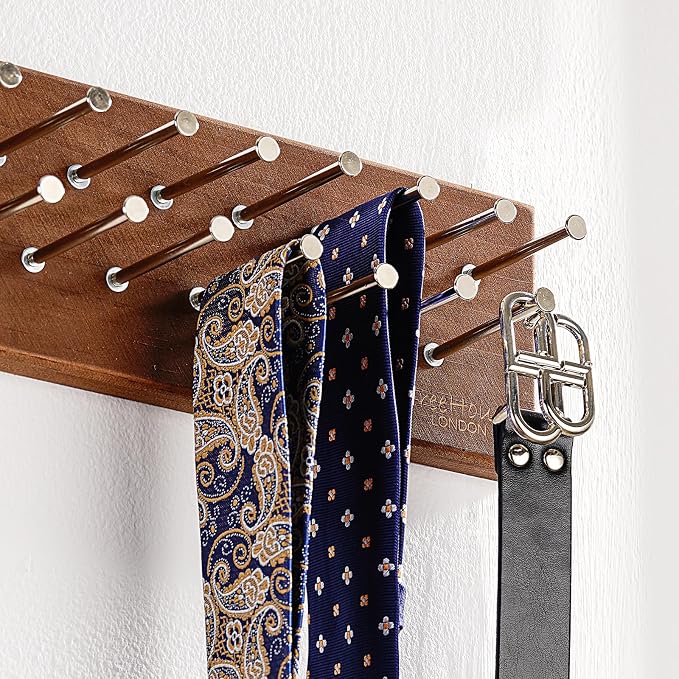 TreeHouse London Tie Rack Organizer – Holds 40 Large Ties – Solid Wood & Sturdy Metal Storage Holder for Closet – Wall Mounted Tie Display Hanger for Wall, Bedroom - (Walnut Tie Rack) 16" L X 4.25" H