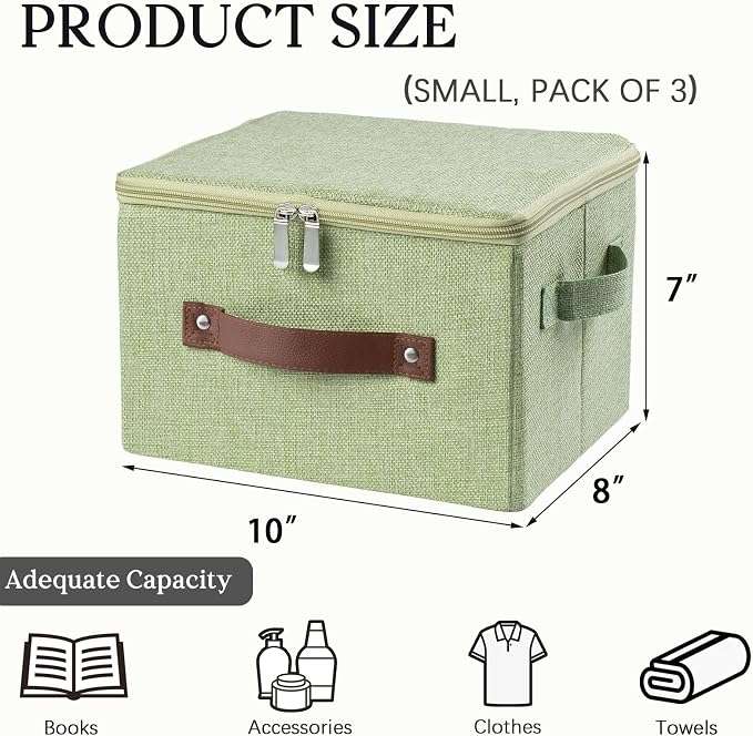 3 Pack Storage Bins with Zipper Lid Fabric Lidded Storage Boxes Baskets Cubes Washable Collapsible PU Leather Handle Cotton Linen Fabric Shelf Closet Organizer Container(Green, Small Size)