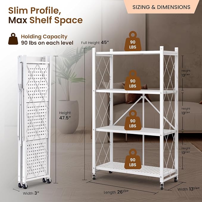 Our Modern Space 4-Tier Foldable Storage Shelf with Wheels | Metal Rack Collapsible Shelving Display | Rolling Cart for Books Kitchen Storage Shelves | Pantry & Closet Organizer | Office Room Decor