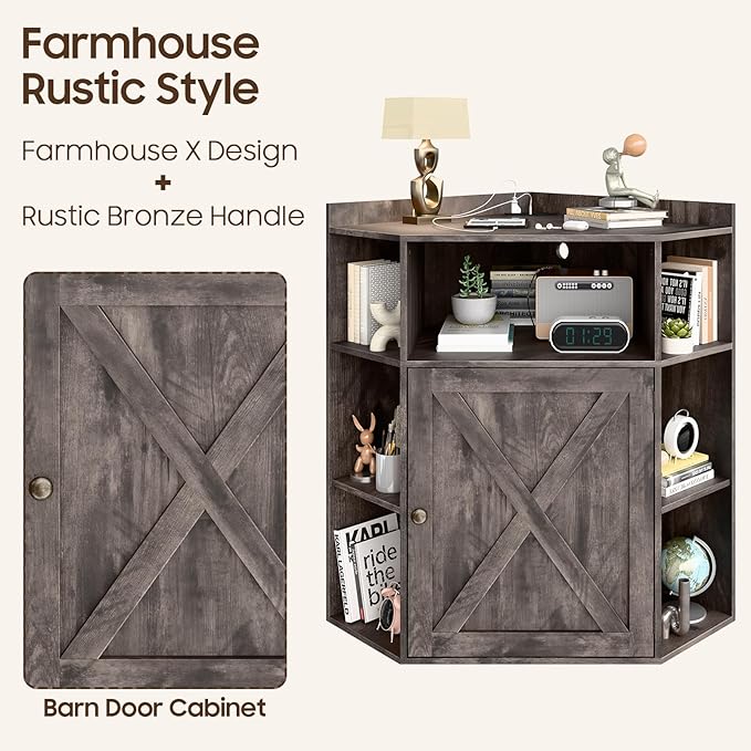 Halitaa Corner Storage Cabinet, Farmhouse Corner Bookshelf with Storage 6-Cubby Wooden Cabinet with USB Ports and Outlets Industrial Organizer for Small Space, Study, Playroom, Living Room