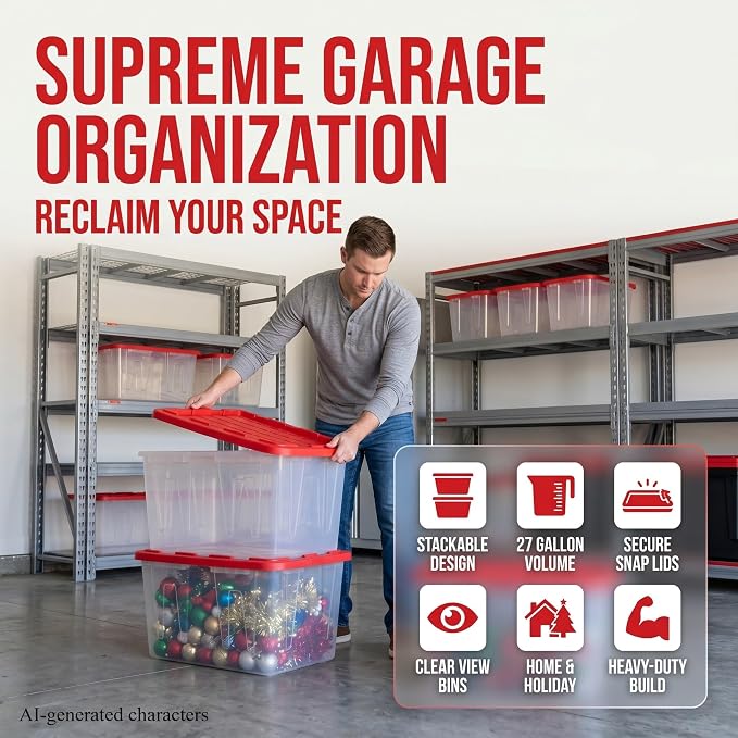 Pack of 4 Clear Storage Bins with Red Snap Lids, 27 Gallon Plastic Totes for Garage & Basement Organization, Stackable Storage Containers for Holiday Decor & Home Use