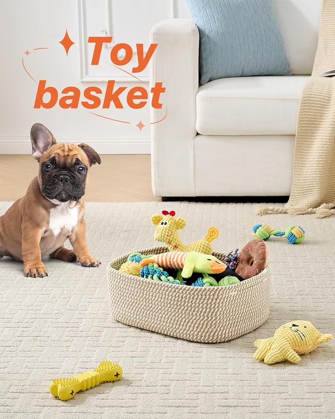 KALLAX Small Woven Basket, 13.5 x 9.5 x 5 Inches, Storage Basket for Organizing, Cute Small Rope Shelf Closet Cube Storage Bins Baskets for Shelves, Dog Toy Gift Baskets Empty, 3 Pack Brown