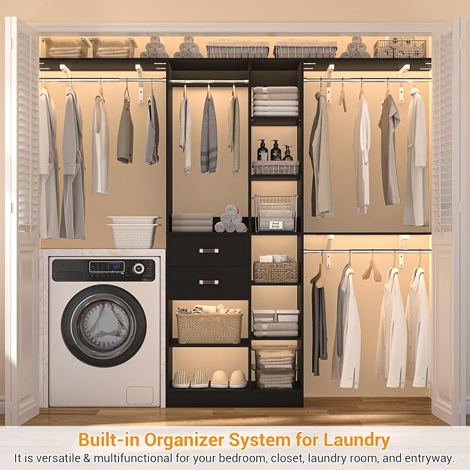Armocity 8FT Heavy Duty Wood Closet System, 1500 LBS+ Capacity Wall Mounted Walk-in Closet Organizer with 2 Drawers & 4 Hanging Rods, 96'' Custom Bedroom Storage Wardrobe, Black