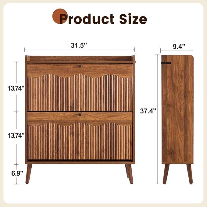 BERRYMERRY 31.5" Fluted Shoe Storage Cabinet with 2 Flip Drawers, Narrow Shoe Storage Organizer Rack with Wave Door for Entryway, Hallway, Living Room