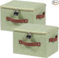 2PCS Storage Bins Box with Zipper Lid Combination Lock PU Leather Handles Cotton Linen Fabric Lidded Lockable Basket Foldable Washable Closet Shelf Organizer Container (Light Green, Small)