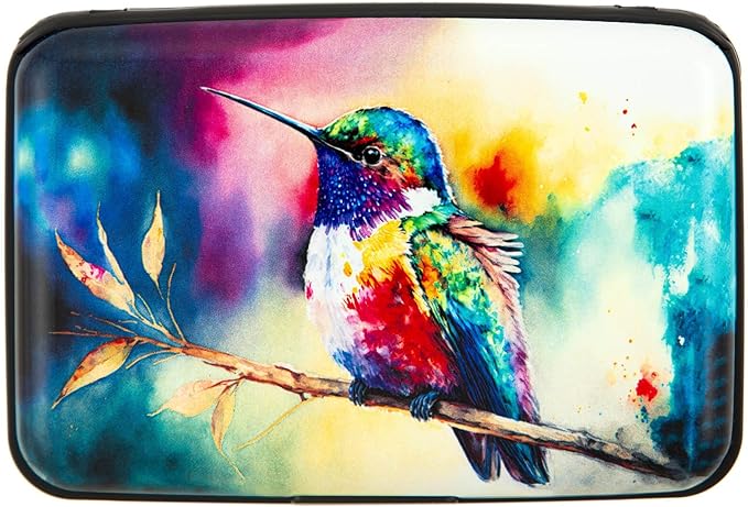 Credit Card Holder for Women Men RFID Blocking Wallet Small Business Metal Slim Mini Aluminum Hard Case (Watercolor Painting Hummingbird)