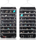 Flexzion Hanging Jewelry Organizer with Zippered Pockets - (1 Pack) Black Closet Jewelry Organizer Storage with Hanger, 56 Pockets Dual Sided Earring Organizer Hanging for Bracelets, Watches, Ring