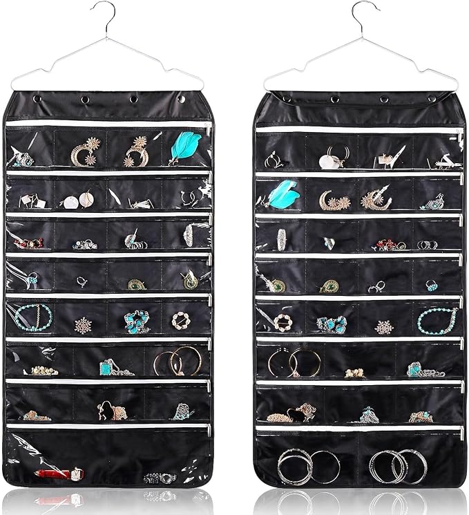 Flexzion Hanging Jewelry Organizer with Zippered Pockets - (1 Pack) Black Closet Jewelry Organizer Storage with Hanger, 56 Pockets Dual Sided Earring Organizer Hanging for Bracelets, Watches, Ring