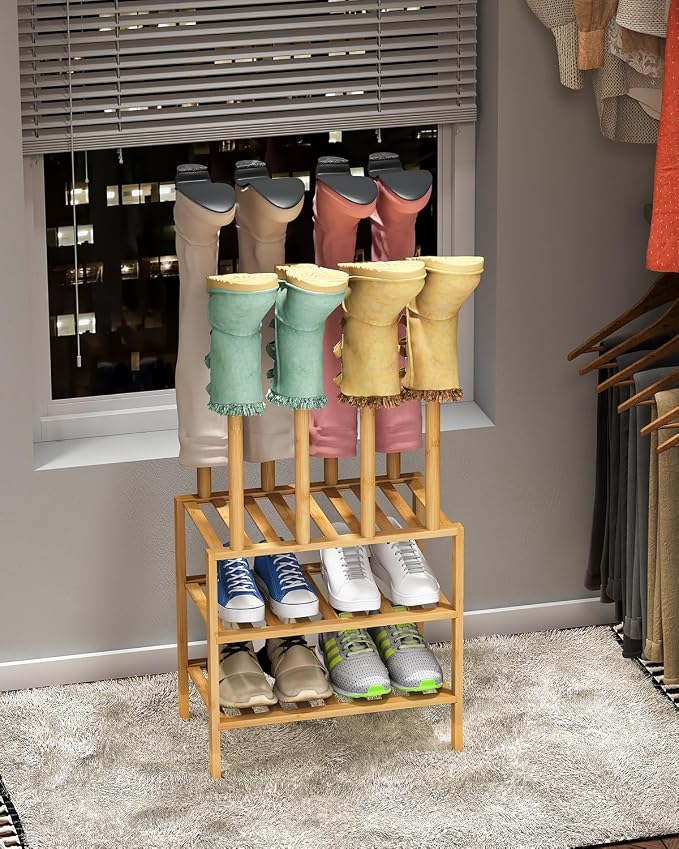 viewcare Small Boot Rack with Shoe Rack, Boot Rack Organizer Tall Boots for Closet, Bamboo Wood Shoe Shelf Storage Organizer for Entryway Small Space
