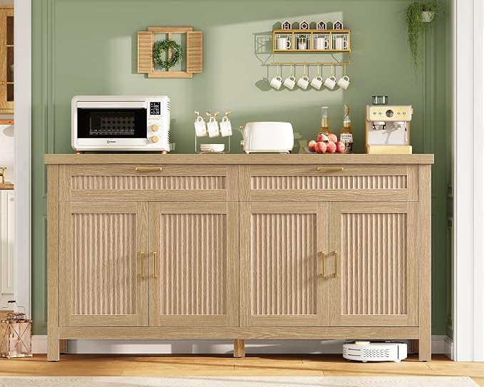 usikey 63" Buffet Cabinet with Storage, 2 Adjustable Shelves and 2 Drawers | Large Sideboard Cabinet, Modern Fluted Coffee Bar for Kitchen, Living Room, Natural
