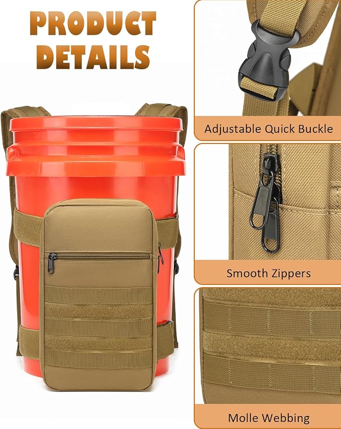 Backpack for 5 Gallon Buckets, Universal Bucket Organizer with Pocket | for Hunting, Fishing, Picking Apples, Baseball & Ice Fishing