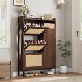 Garvee Shoe Cabinet with 3 Flip Drawers and 4-Tier Shoe Storage Cabinet, Freestanding Shoe Organizer with Adjustable Shelf and Rattan Doors for Entryway, Closet, Hallway