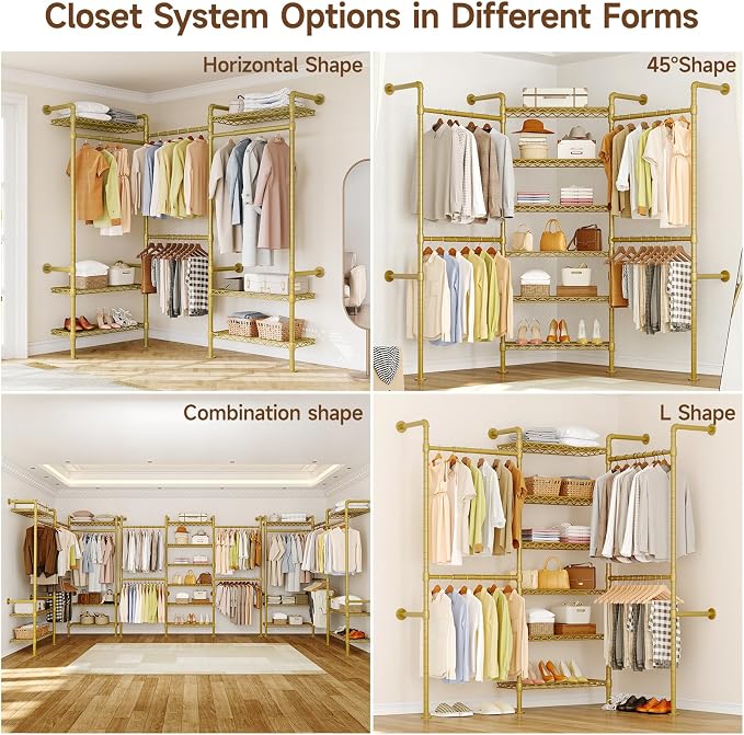 L3 Wall Mounted Metal Pipe Closet System Heavy Duty Corner Garment Rack | Max Load 950LBS with 4 Telescopic Rods & 6 Wire Shelves Gold Industrial Modular Clothing Clothes Rack Wardrobe Closet