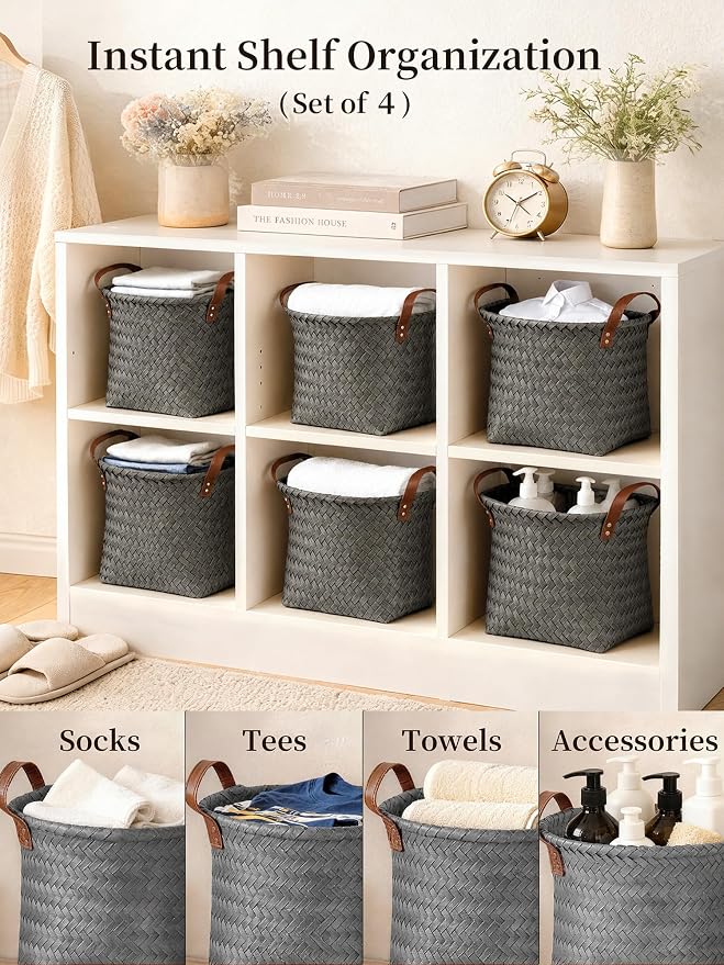Hand Woven Baskets for Storage, 4Pcs Water-Resistant Wicker Baskets, Grey Wicker Storage Baskets for Shelves, Large Basket with Handle for Organizing, Closet, Laundry, Blanket - Round