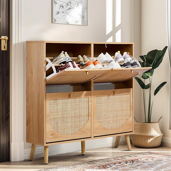 Karl home Natural Rattan Shoe Cabinet with 4 Flip Drawers Entryway Storage | Freestanding Hidden Shoe Organizer Cupboard, Rattan Storage for Entryway, Hallway, Living Room