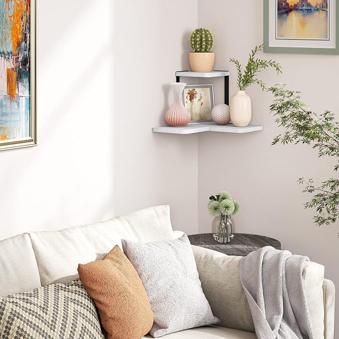 SRIWATANA Corner Shelf, Rustic Wood Wall Shelf Wall Mounted for Bedroom, Living Room, Kitchen, White
