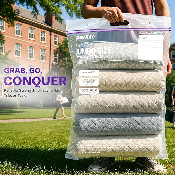 20 Gallon Heavy Duty Jumbo Storage Bags with Handle – 24" x 34" Resealable Zipper Top, Oversized Storage Solution for Clothes, Food, Pillow, Bedding, Household, BPA-Free, Pack of 15, 6 Mil Thick