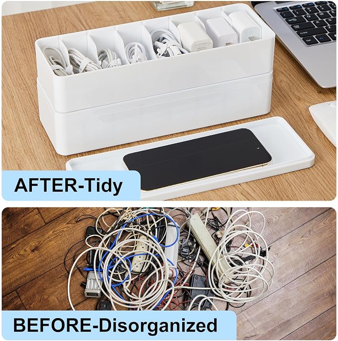 Tatuo 4 Pcs Cord Organizer for Drawer Desktop, Cable Organizer Box with 8 Compartments and Wire Ties, Plastic Charger Storage with Lid, Electronics Case for Home Office Accessories (Small,White)