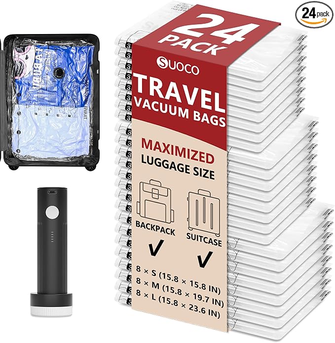 Travel Vacuum Bags for Clothing with Rechargeable Electric Pump, Compression Packing Cubes Organizer Storage for Luggage Suitcase, Space Saver Seal Bags for Vacation Cruise, 24 Combo