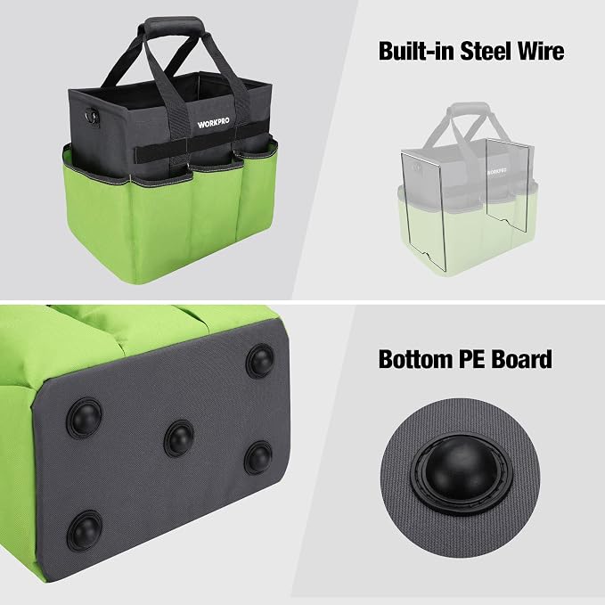 WORKPRO Garden Tool Bag, 10 Pockets and Shoulder Strap, Green | Heavy Duty Gardening Organizer Tote Bag Standable Garden Home Tool Kits Organizer (Tools are not Included)