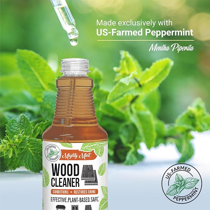 Mighty Mint Wood Cleaner & Conditioner Spray – Plant-Based Formula Cleans, Polishes & Renews Wood Furniture, Cabinets & Floors – Peppermint Scent, 16 oz