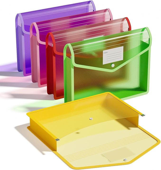 ThinkTex Plastic Expanding File Folders, Transparent Envelopes with Snap | Suitable for Home, Office, School, Large Capacity, No Dividers, Dopamine 5-Color, Fits Letter/A4 Size - 5 Pack