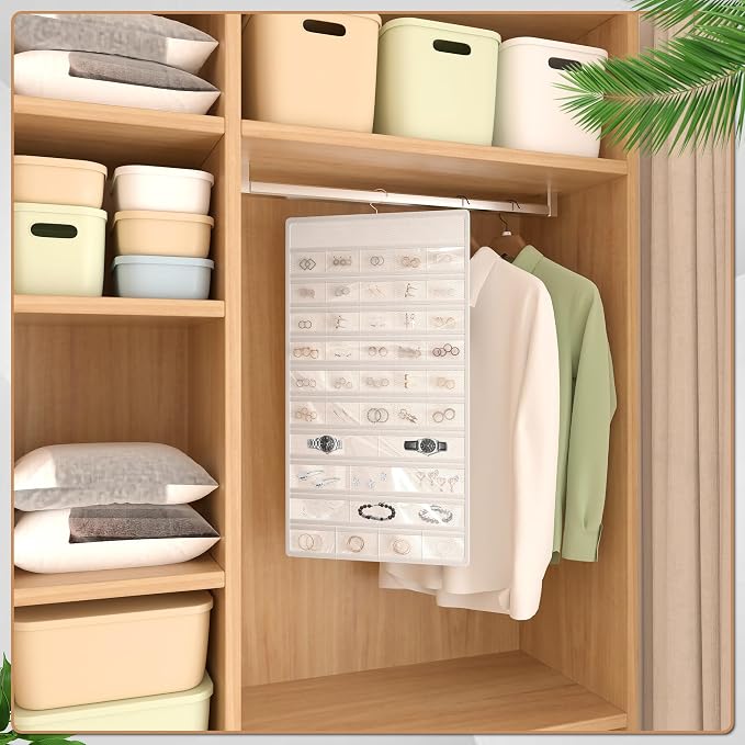Hanging Jewelry Organizer, Double-Sided Necklaces Holder, White | 42 clear pockets organize rings & earrings; 36 wire necklace hooks reduce tangles; top hook hangs in closets, walls or doors.