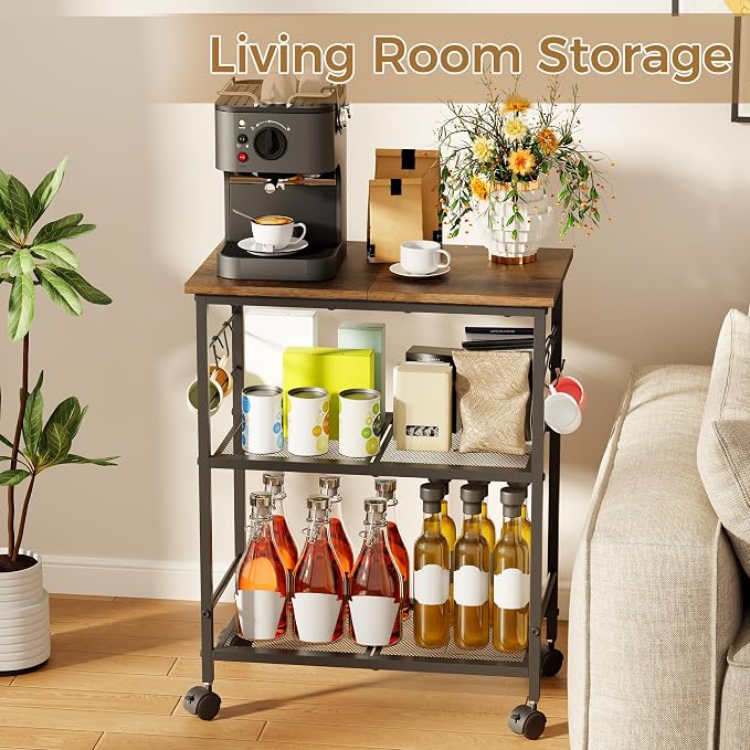 BEWISHOME 3-Tier Rolling Kitchen Microwave Cart, Microwave Table Stand | with 4 Lockable Wheels, Small Coffee Cart Shelf Rack Organizer for Kitchen, Living Room, Bathroom