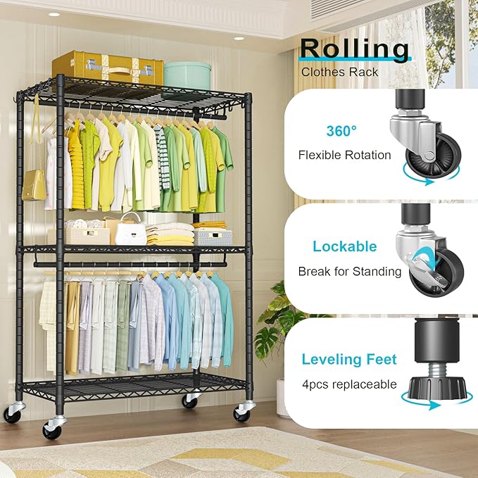FUTASSI P3 Plus Rolling Clothes Rack, Clothing Racks for Hanging Clothes, Heavy Duty Garment Rack with Wheels, Freestanding Portable Closet Racks 45" W x 14" D x 78.5" H, Max Load 480 LBS, Black