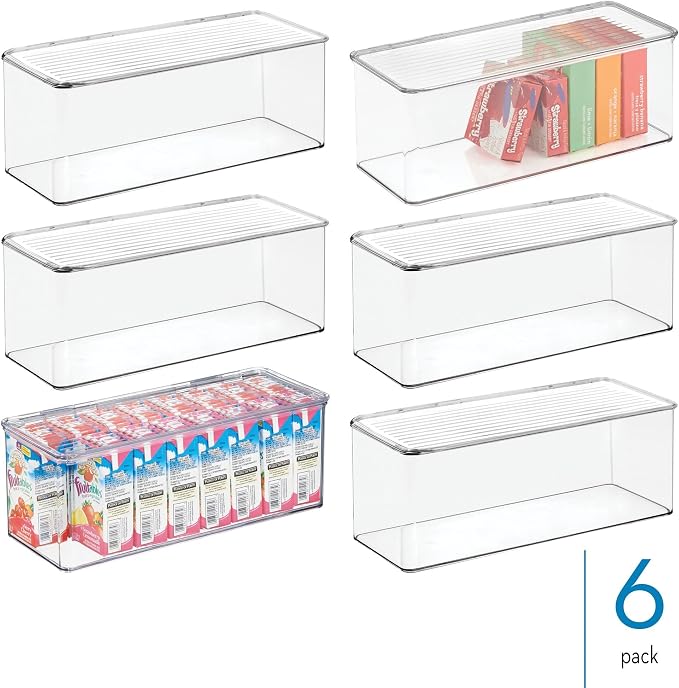 iDesign Plastic Stackable Hinged-Lid Storage Box, Set of 6, Clear | For Kitchen, For Bathroom, For Office