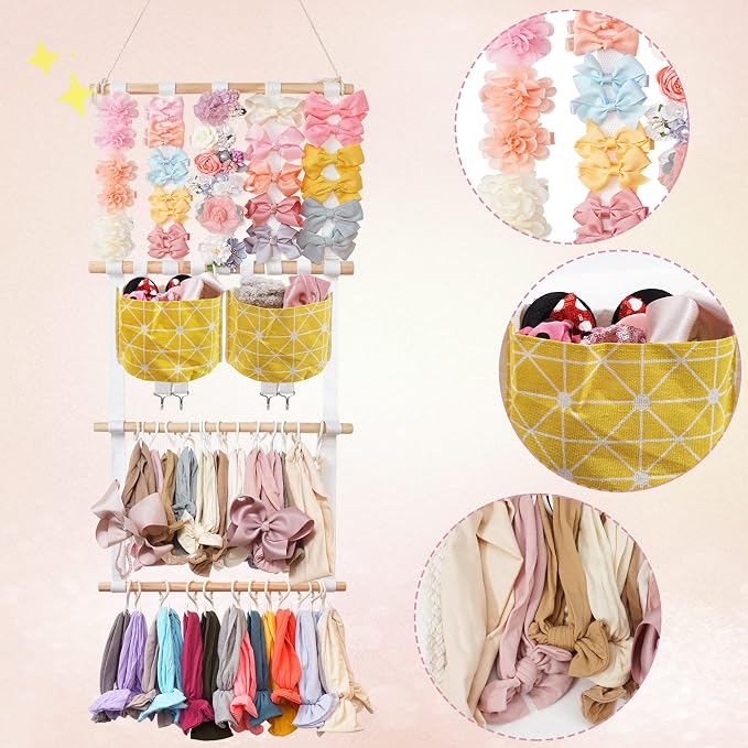 kangaroo Hairband Organizer for Baby Girls, Large Capacity Bow Holder Hair Accessories Wall Hanging Organizer with 20 S-hooks and 2 Pockets, Yellow | Multi-pocket&Large Capacity | Wall Hanging-15"L x 30"H | Easy to Grab | Nursery Essentials | Baby's bo...
