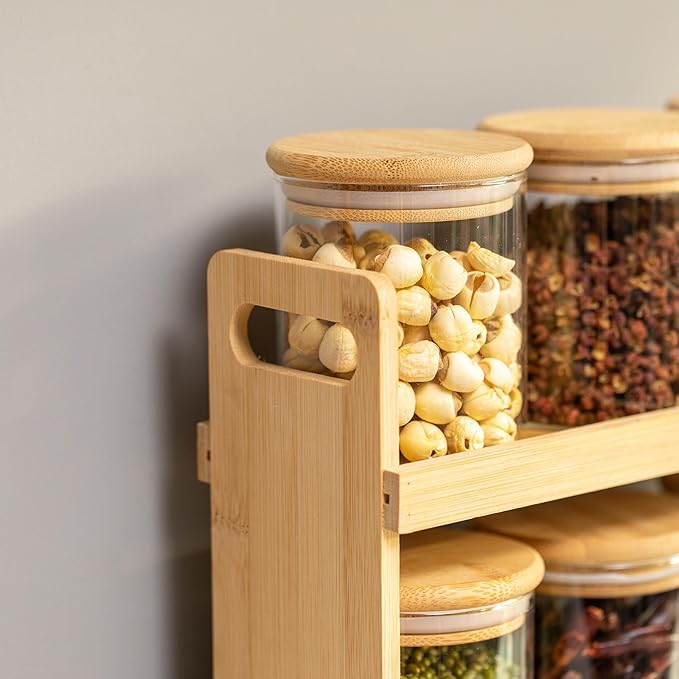 Basicwise Versatile 3-Tier Bamboo Spice Rack and Pantry Organizer with 9 Glass Jars – Perfect for Countertop Storage in Kitchens to Keep Seasoning Containers Neatly Displayed and Easily Accessible