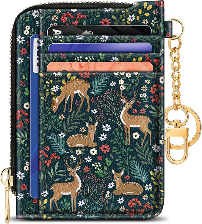 GIANCOMICS Slim Wallet Credit Card Holder Women, Cute Deer Rfid Blocking Small Card Case, Keychain Thin Pocket Curved Zipper Wallet, Travel Card Holder PU Leather ID Window, Ladies Female Gifts