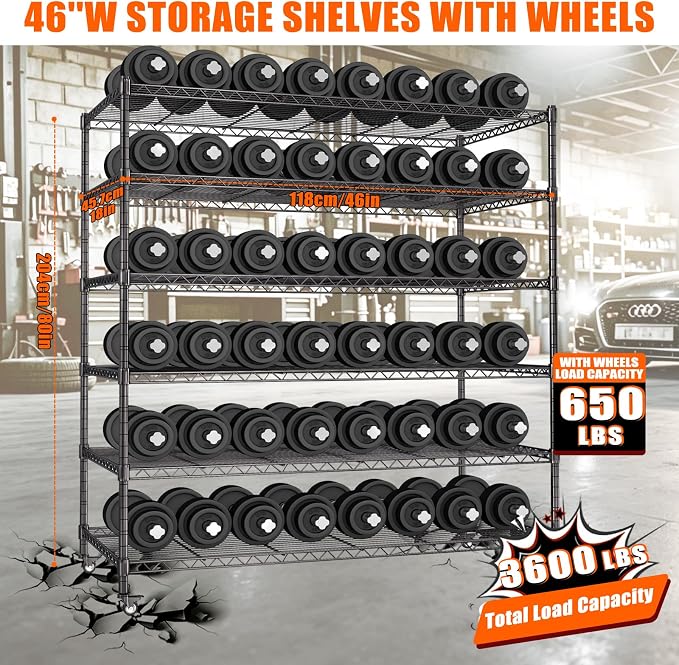 AIRAJ 46”W Storage Shelves with Wheels,6 Tier Wire Shelving,3600 LBS Metal Shelving Adjustable Layer Height,Garage Shelving Units for Kitchen,Pantry and Warehouse,Rolling Wire Rack,46”W×18”D×80”H