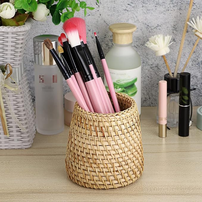 BTSKY Rattan Pen Cup, Handmade Desk Pencil Holders Makeup Brush Holder Multi-Functional Woven Basket Office&Home Desktop Organizer(Cone)