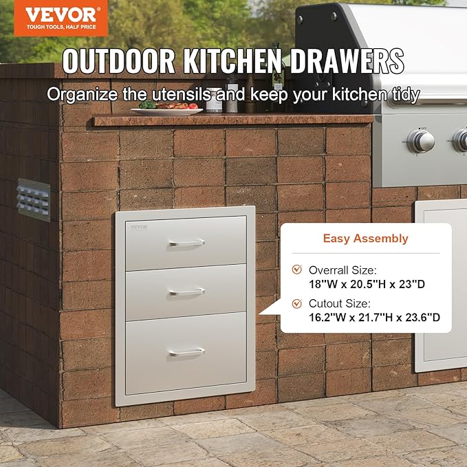 VEVOR 18x23 Inch Outdoor Kitchen Cabinets 18W x 20.5H x 23D Inch, BBQ Drawers Stainless Steel, Outdoor Kitchen Drawers Triple Access with Chrome Handle, BBQ Island Drawers, Grill Drawers Storage | Stainless Steel Outdoor Kitchen Drawers Triple Access w...