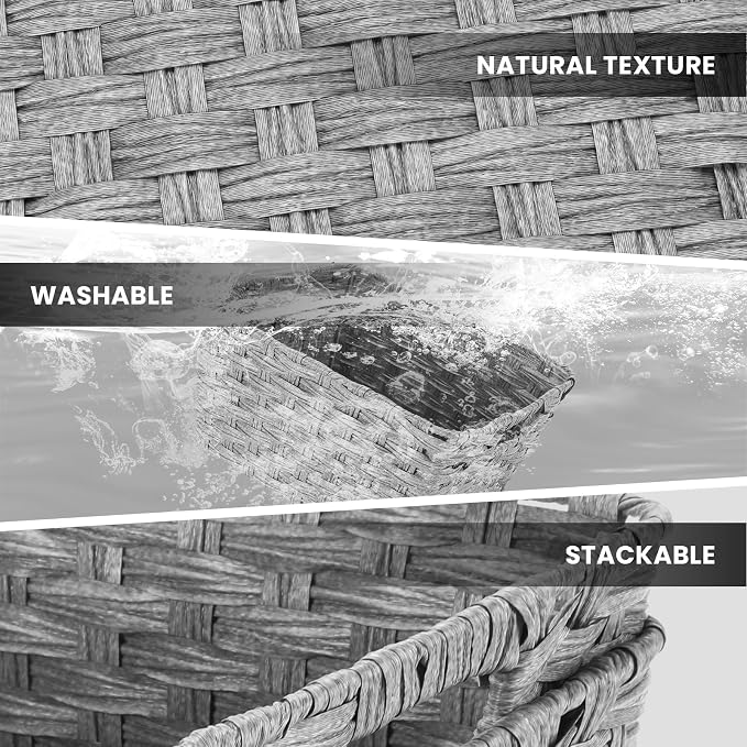 2-Pack Plastic Wicker Storage Baskets for Bathroom, 12"x12"x6", Grey | Versatile woven storage bins for shelves, toilet paper, closet, and home organizing – stackable, durable.