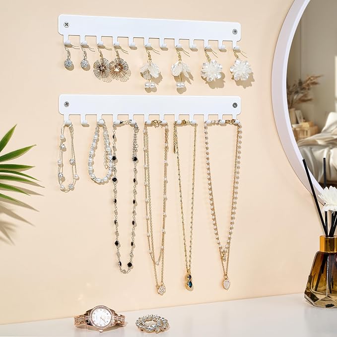 bussdis Drill-In Necklace Organizer: Sturdy Necklace Holder Wall Mounted with Hooks for Tangle-Free Jewelry Storage – Space-Saving Wall Necklace Hanger, White, 2 PCS