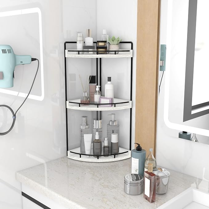 Dorhors 3-Tier Corner Bathroom Organizer Countertop for Storage,Vanity Tray,Wood Counter Organizer for Kitchen,Bathroom,Dresser (Rustic White)