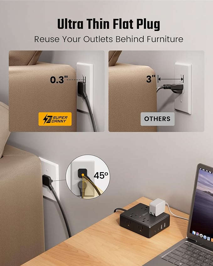 SUPERDANNY Extension Cord,Flat Plug Surge Protector Power Strip,10Ft | 8 AC & 4 USB Ports (2 USB C),Surge Protector with 1050J,Desk Charging Station for Home Office,College Dorm Room Essentials