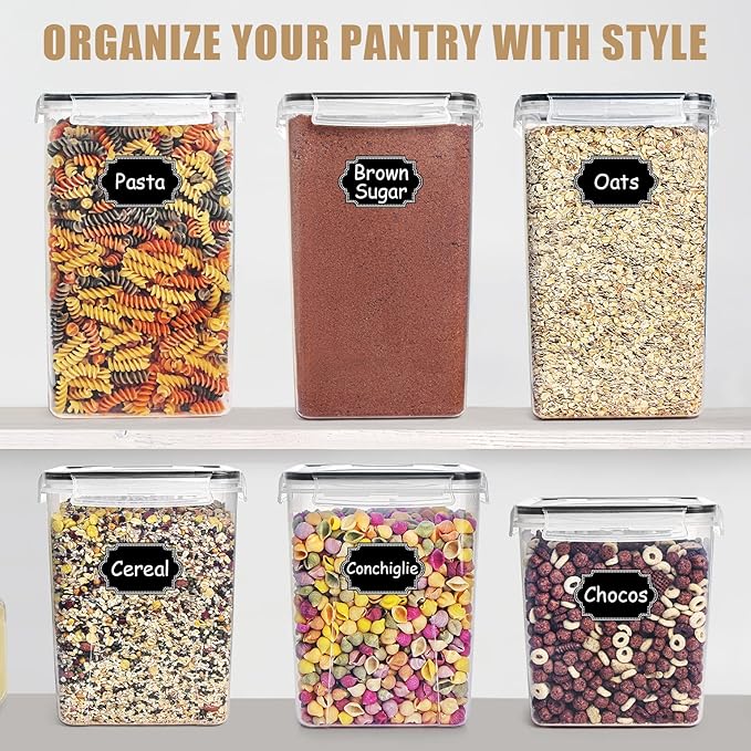 Wildone Extra Large Tall Airtight Food Storage Containers 6.5L/ 5.9QT, Plastic BPA Free Kitchen Pantry Storage Containers 4 Pieces for Flour, Sugar, Rice, with 20 Labels & 1 Marker, Black