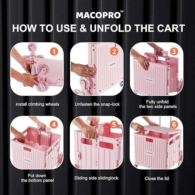 MACOPRO Foldable Utility Cart with Stair Climbing Wheels, Collapsible Rolling Crate with Telescoping Handle, Folding Shopping Trolley Handcart Grocery Book File Tool Teacher Storage Basket (Pink)