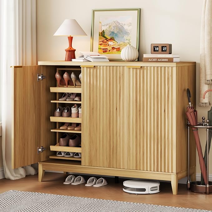 Vlsrka Shoe Storage Cabinet with Fluted Doors and Adjustable Shelves | 6 Tier Wooden Shoe Organizer, Large Capacity, Human Sensor Lighting, 180° Rotating, for Entryway, Hallway, Living Room, Wood