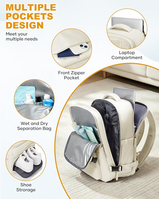 WONHOX Vacuum Seal Backpack for Travel with Air Pump 18x14x8 inches Vacpack Carry on Flight Approved Compression Daypack Laptop Space Saver Bag Storage with Vacuum System Travel Bags Women Beige