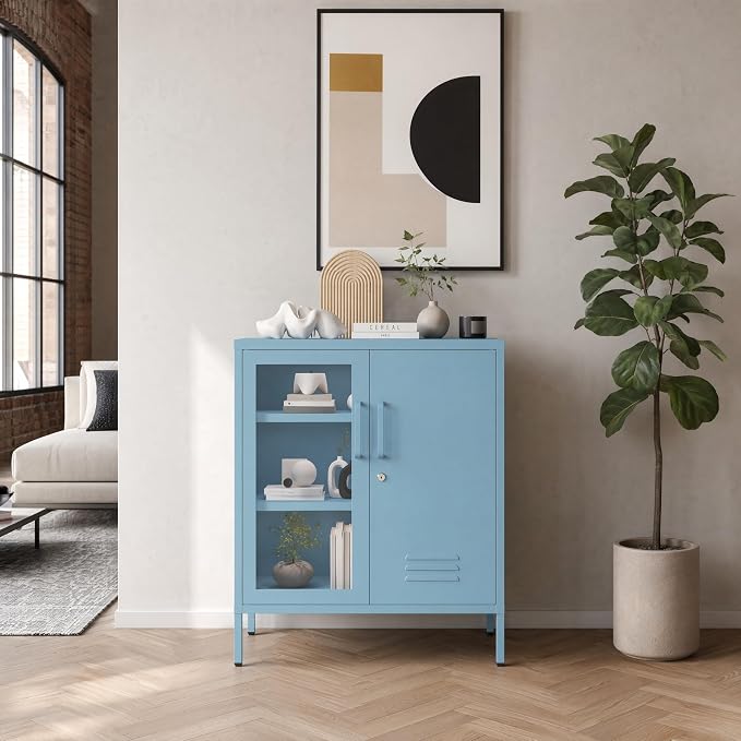 Lockable Metal Storage Cabinet Locker Adjustable Shelves, Multifunctional Versatile Storage Lockers, Easy Assembly Durable Metal Sideboard Furniture for Bedroom Home Office Blue